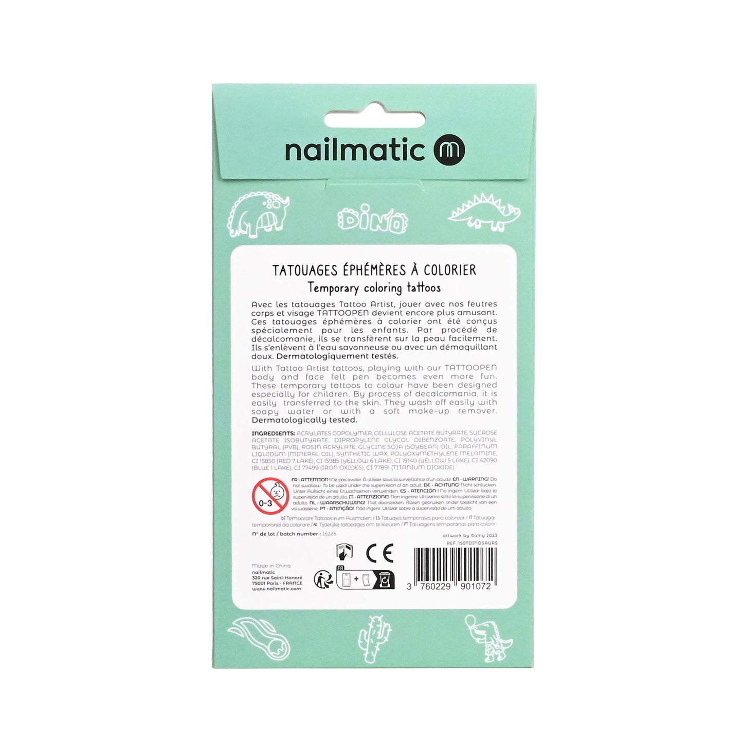 Temporary Coloring Tattoos - Dinosaurs packaging back