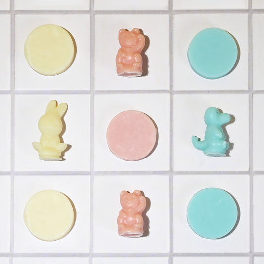 yellow soap kitty, pink cat soap, blue crocodile soap for kids